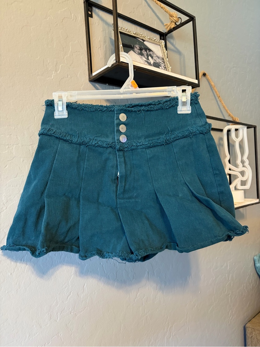Blue Blush Teal Frayed-Hem Pleated Mini Skirt with Button Front